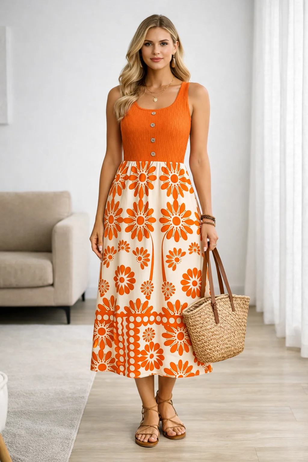 2026 Summer Dress – Orange Floral Midi with Straw Tote image 2