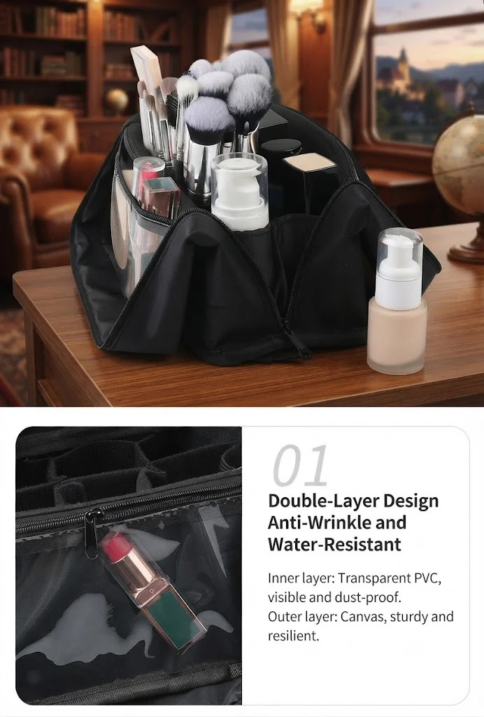 Square Large-Capacity Foldable Makeup Brush Storage Bag with Magnetic Lock image 3