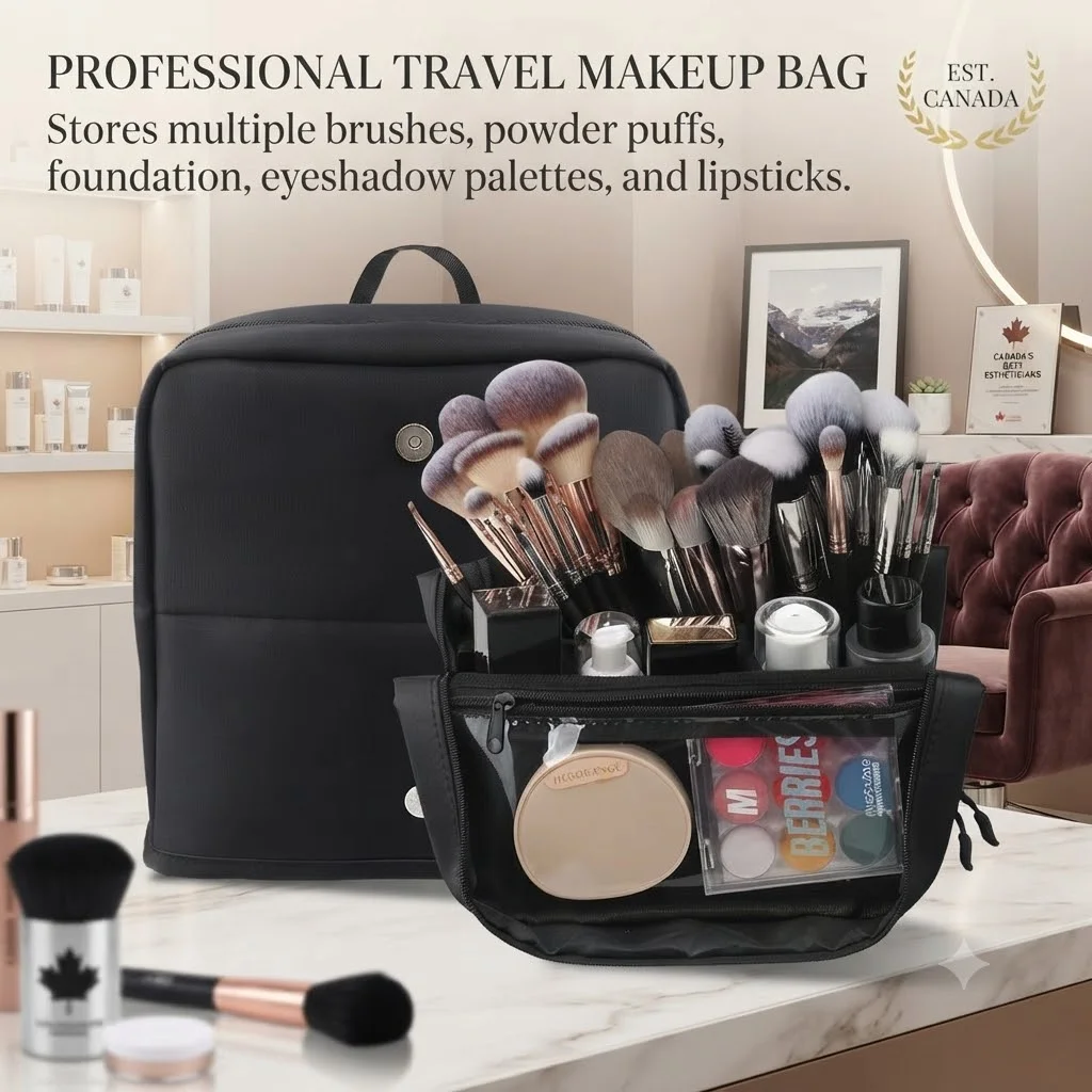 Square Large-Capacity Foldable Makeup Brush Storage Bag with Magnetic Lock